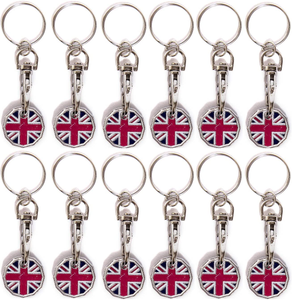 Pack of 12 X Shopping Trolley £1 Token Coin Keyring for Shop Trolley Locker Etc - New £1 Coin 12 Edge Shape (12 X Union Jack)