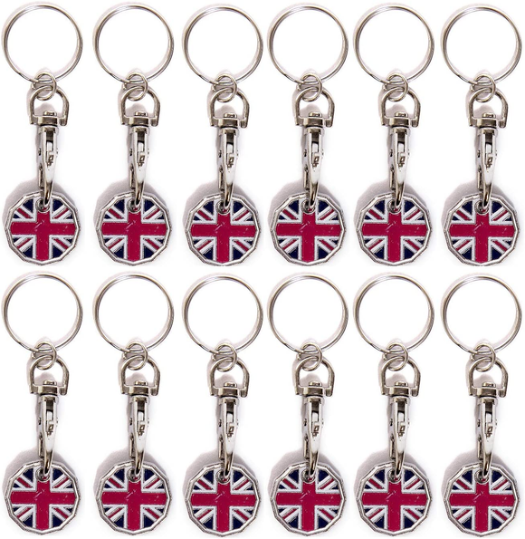 Pack of 12 X Shopping Trolley £1 Token Coin Keyring for Shop Trolley Locker Etc - New £1 Coin 12 Edge Shape (12 X Union Jack)