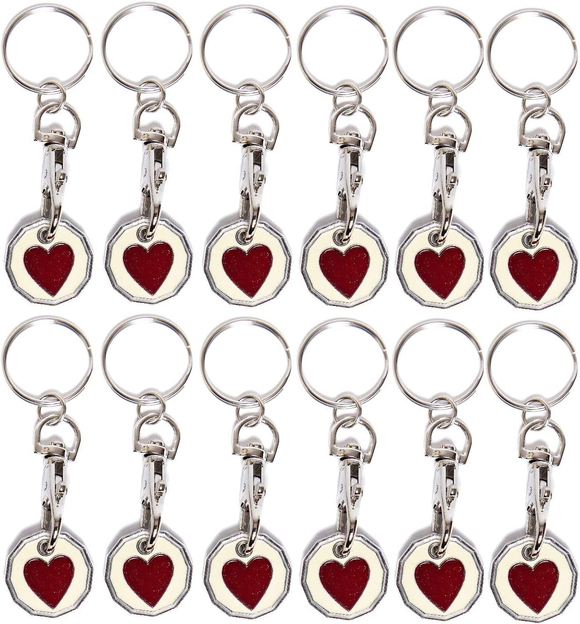 Pack of 12 X Shopping Trolley £1 Token Coin Keyring for Shop Trolley Locker Etc - New £1 Coin 12 Edge Shape (12 X Red Heart)