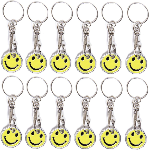 Pack of 12 X Shopping Trolley £1 Token Coin Keyring for Shop Trolley Locker Etc - New £1 Coin 12 Edge Shape (12 X Smiley)