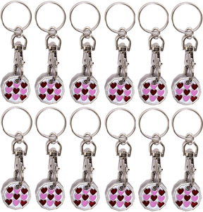 Pack of 12 X Shopping Trolley £1 Token Coin Keyring for Shop Trolley Locker Etc - New £1 Coin 12 Edge Shape (12 X Pink Hearts)