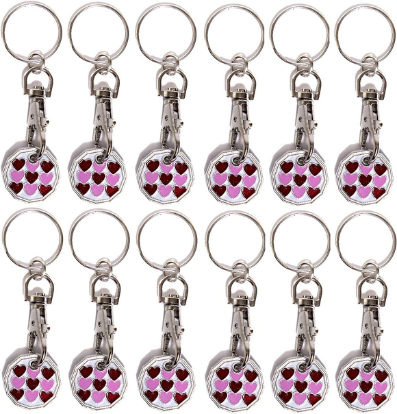 Pack of 12 X Shopping Trolley £1 Token Coin Keyring for Shop Trolley Locker Etc - New £1 Coin 12 Edge Shape (12 X Pink Hearts)